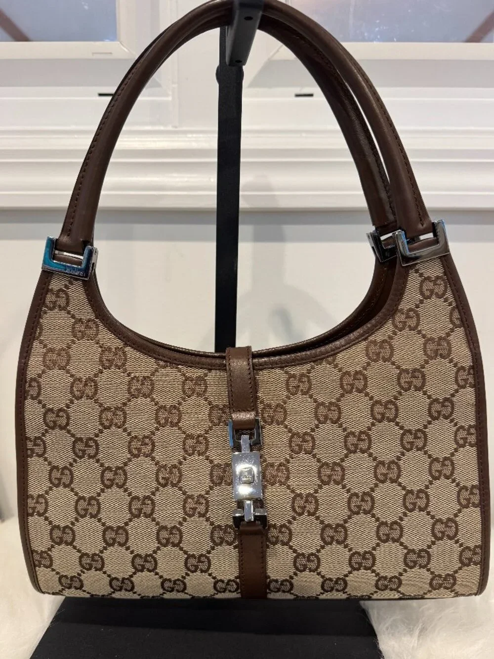 Vintage Gucci Jackie Bardot Shoulder Bag GG Monogram Canvas Brown